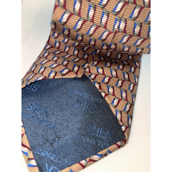 Bijoux Terner Mens Silk Necktie Tan Blue Burgundy Geometric Wave Pattern 4 Inch - Picture 7 of 8